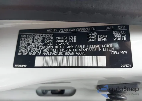 2012 Volvo Xc60 3.2/3.2 Platinum/3.2 Premier/3.2 Premier Plus z USA, uszkodzony, nr VIN YV4940DZ1C2292221